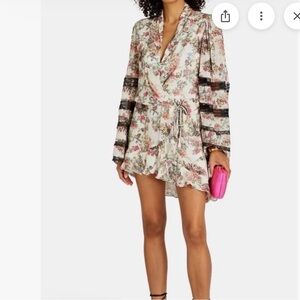 Rococo Sand Floral Mini Dress with Black Striped Sleeves